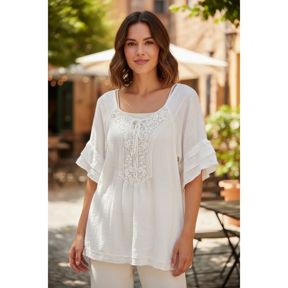 White boho lace blouse Sheer Sz Large Romantic Crochet Trim Fairycore Flutter